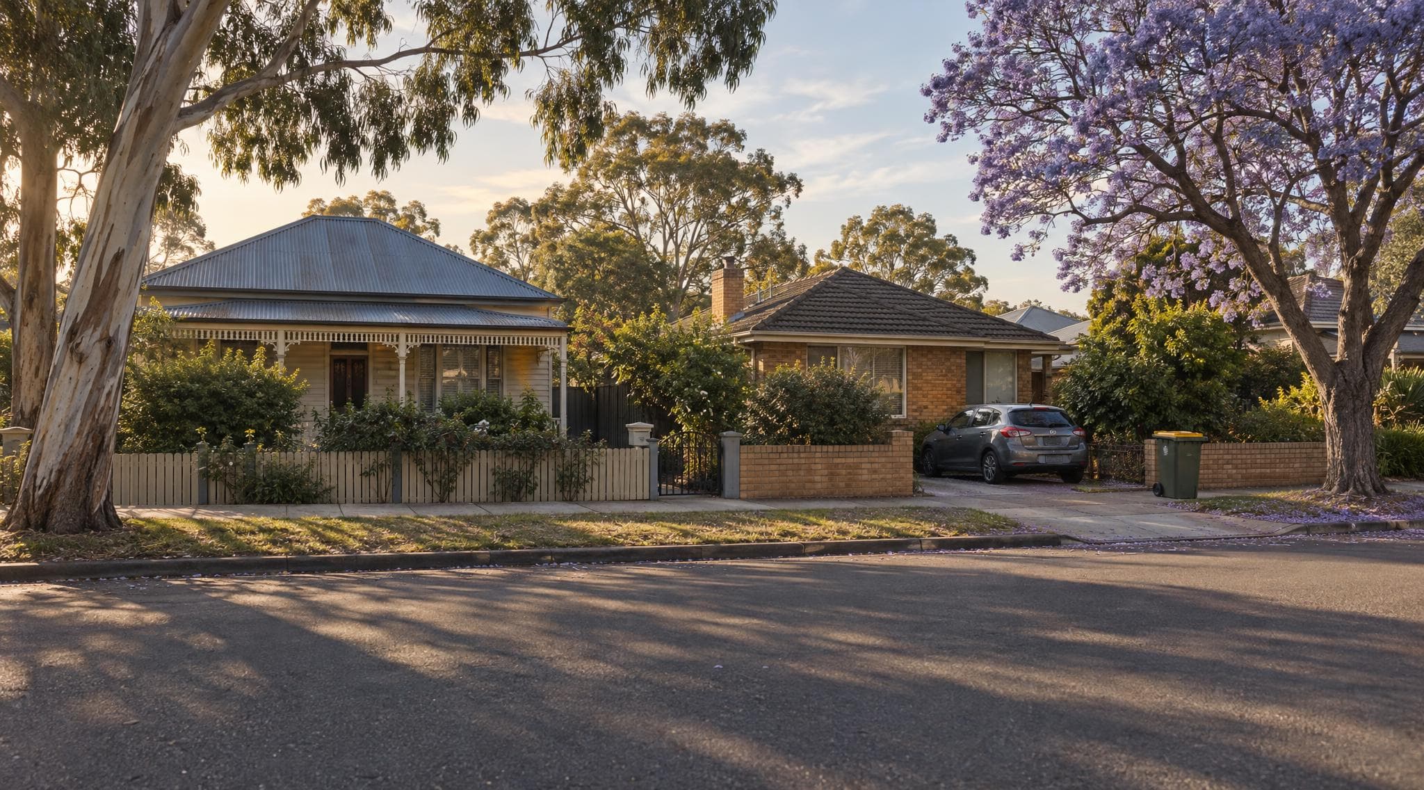 A quiet Australian suburban street in late afternoon light, with weatherboard and brick homes